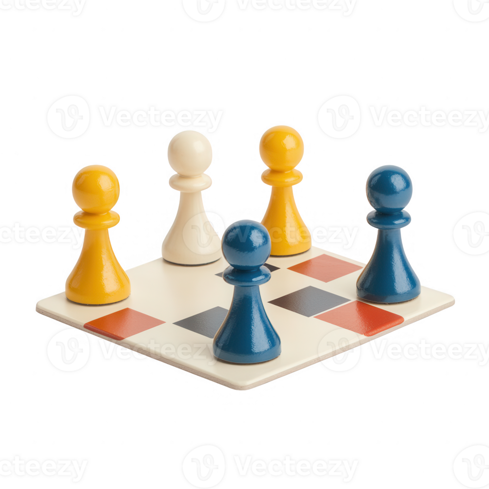 Colorful chess pieces arranged on a board, showcasing strategy and competition. png