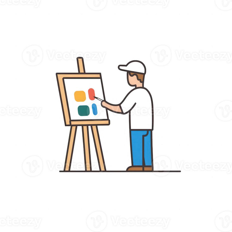 An artist creating a colorful painting on an easel in a creative studio environment. png