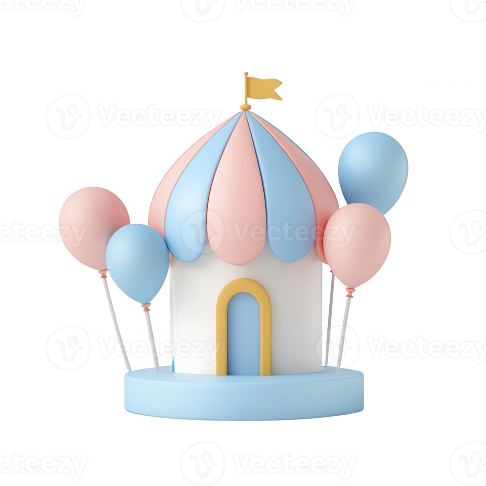 A whimsical pastel-colored structure adorned with balloons and a playful flag. png