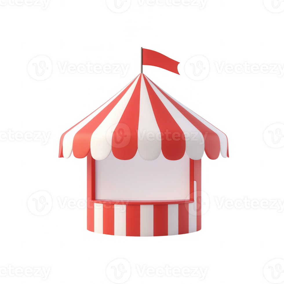 A vibrant striped market stall with a decorative canopy and a blank sign. png