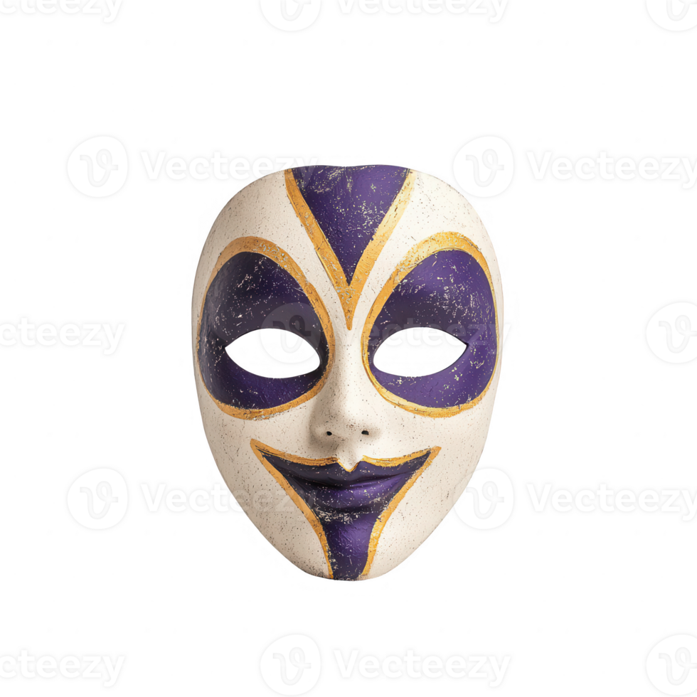 A vibrant, artistic mask featuring intricate designs in purple and gold. png