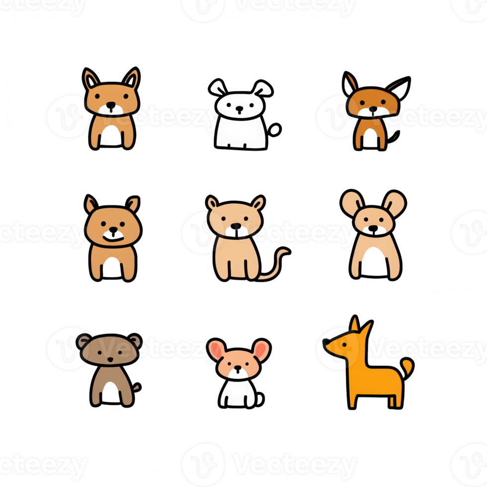 Cute and colorful cartoon animals in a playful grid arrangement. png