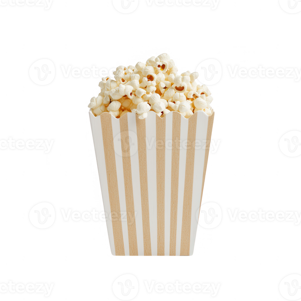 Deliciously fluffy popcorn in a classic striped container, perfect for movie nights. png