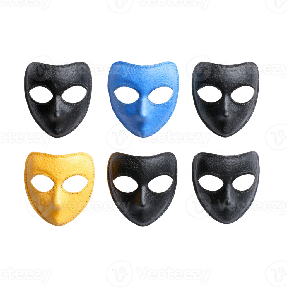 Colorful masks representing diverse emotions and cultures, ideal for artistic projects. png