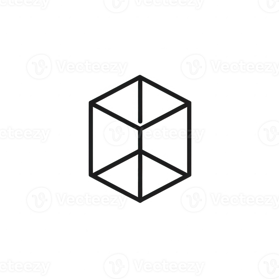 Minimalistic 3D cube illustration in black line art style on a white background. png