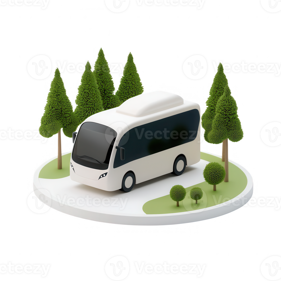 Modern bus parked in a scenic green environment with trees and shrubs. png
