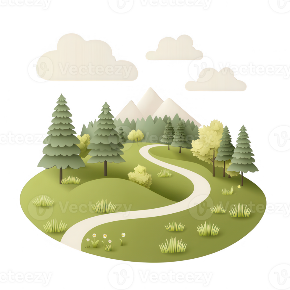 Serene landscape featuring mountains, trees, and a winding path under soft clouds. png