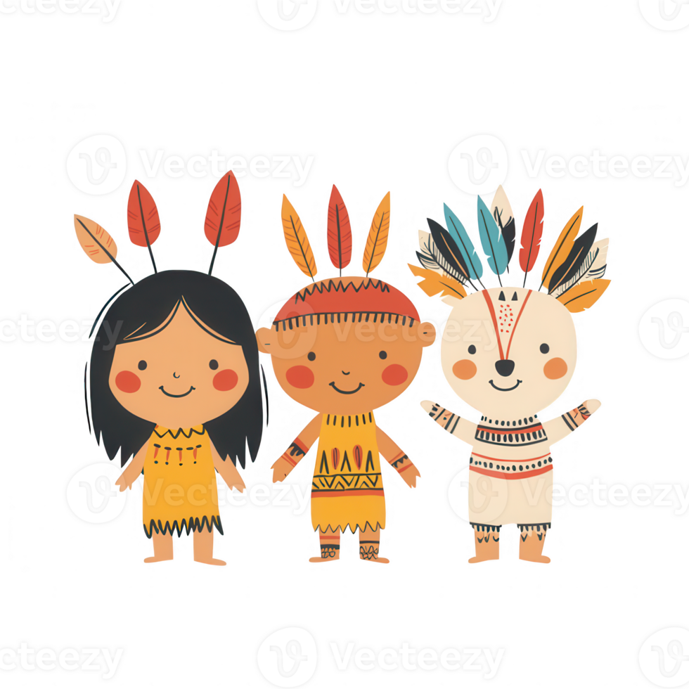 Three cheerful characters with feather headbands and traditional attire. png