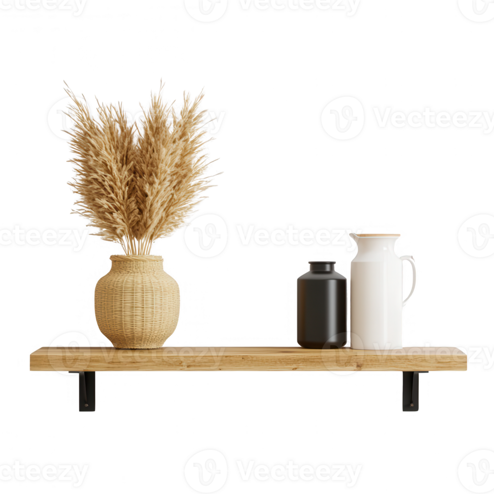 Stylish shelf decor featuring dried plants and elegant vases for modern living spaces. png