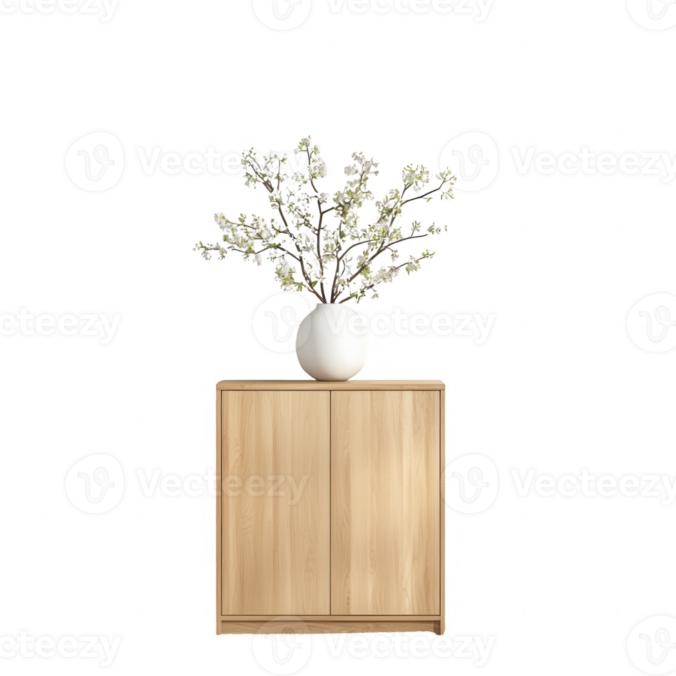Stylish wooden cabinet with a vase of elegant flowers on top, adding charm to interiors. png