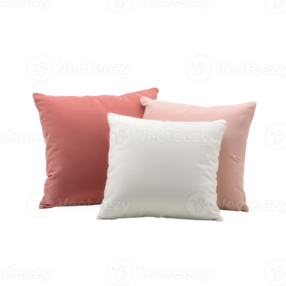 Three cozy pillows in soft hues, ideal for home decor and comfort. png