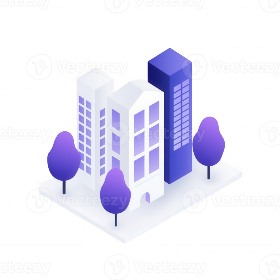 Stylized modern buildings with trees, representing urban architecture and design. png