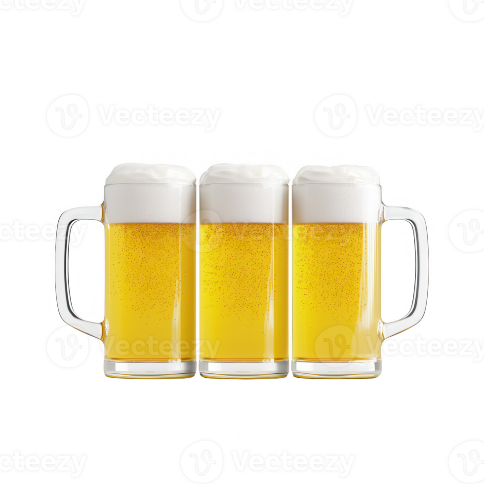 Three frosty mugs of golden beer with creamy foam on top, perfect for social gatherings. png