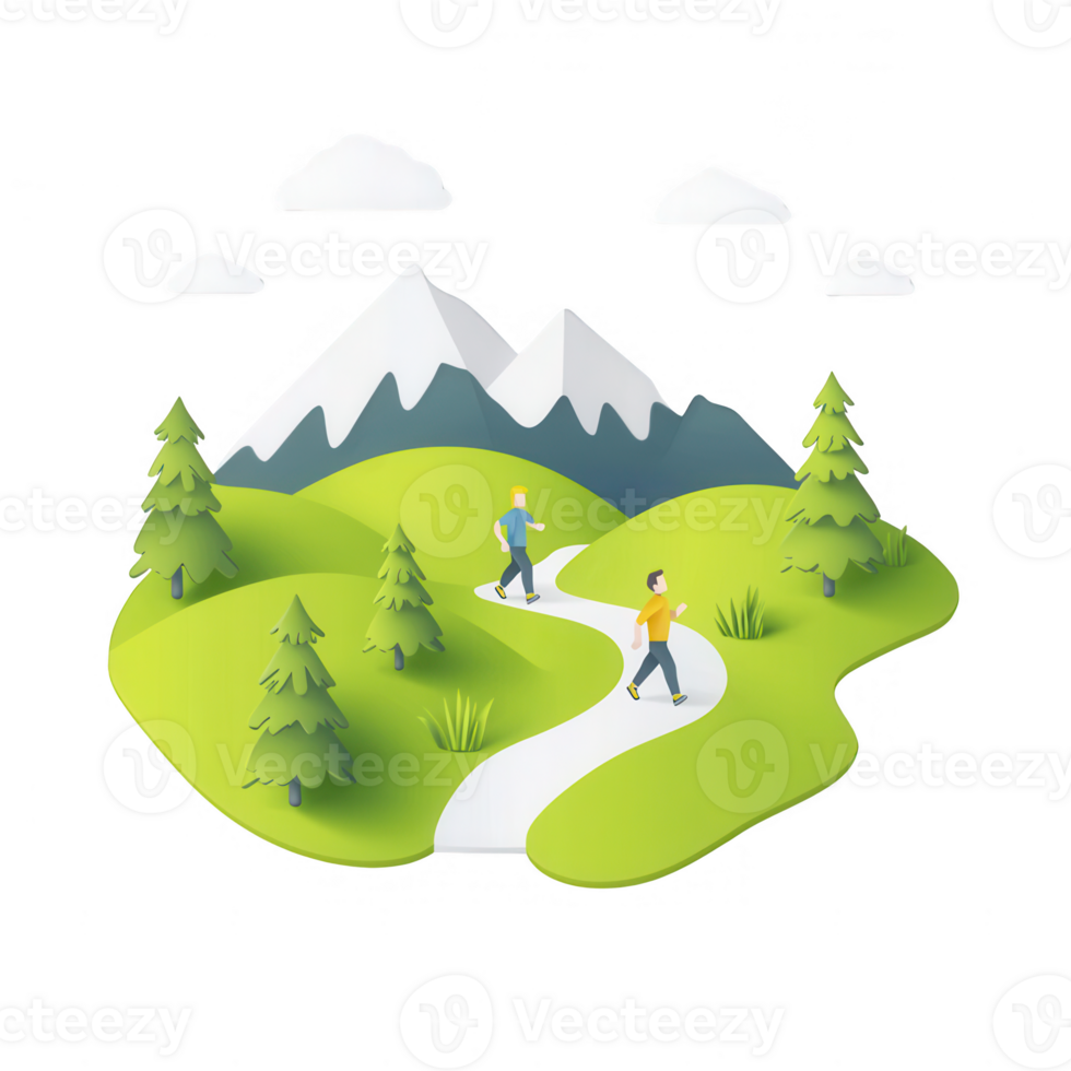 Two hikers enjoying a peaceful trail in a vibrant green mountain landscape. png