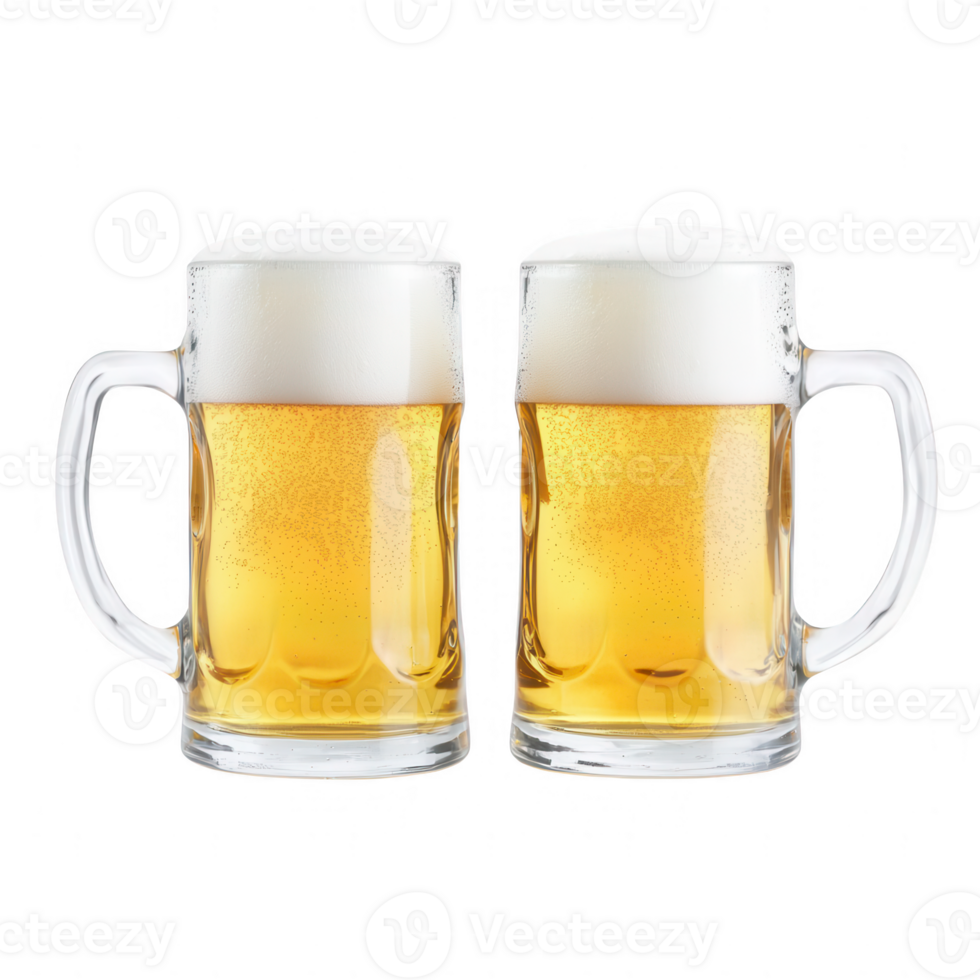 Two glasses of frothy beer arranged side by side with a refreshing golden hue. png