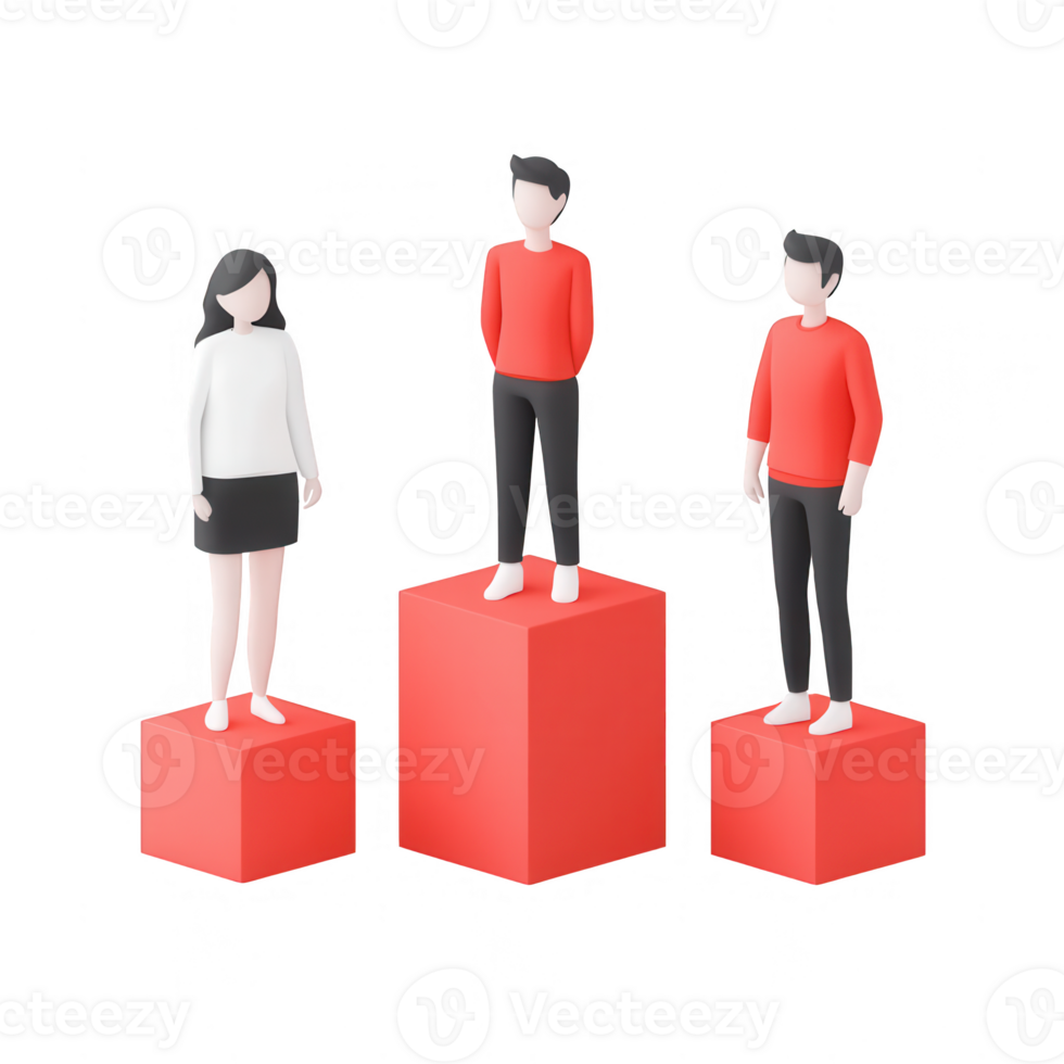 Three diverse individuals standing on red cubic platforms with a minimalistic design. png