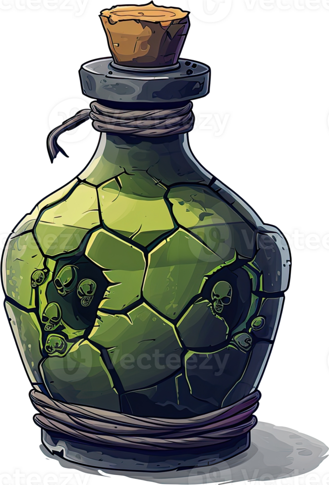 A Cracked Green Bottle Contains Multiple Skulls Inside png