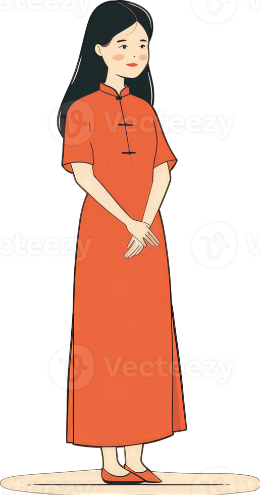 Woman in Traditional Orange Chinese Dress Stands Gracefully png