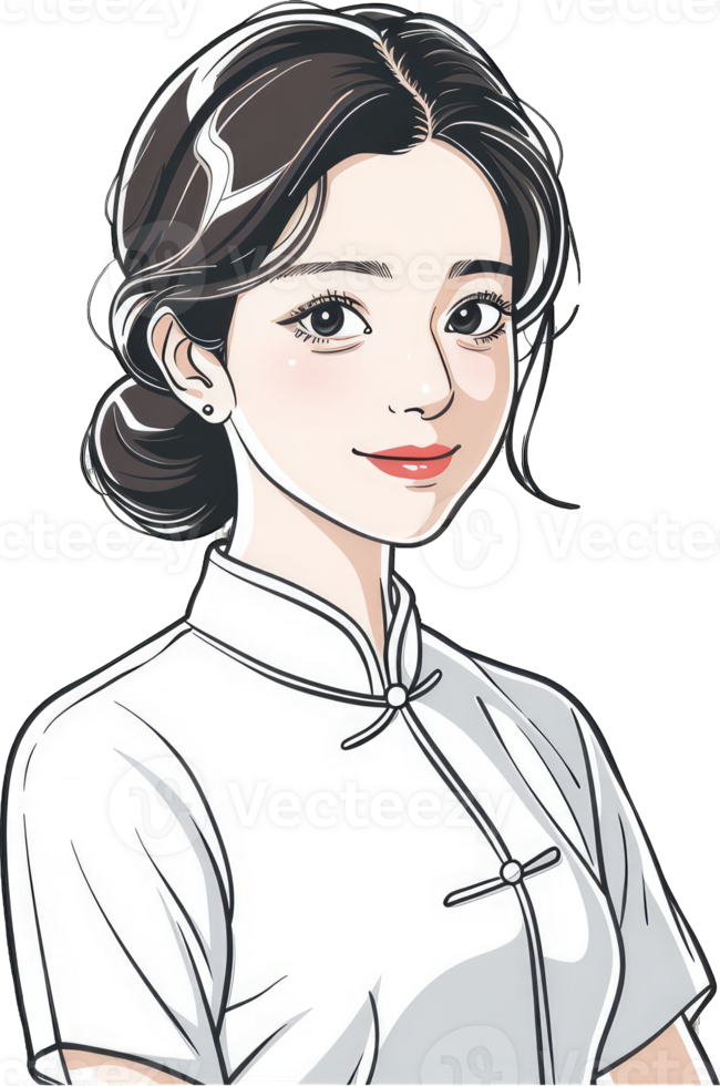 Young Woman Wearing Elegant White Cheongsam Dress png