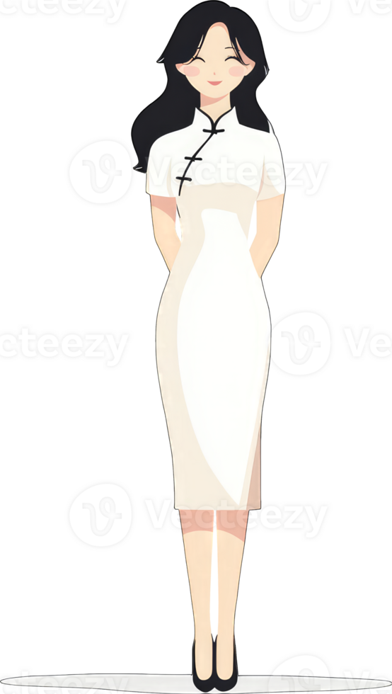 Smiling Woman in Elegant White Cheongsam Dress png