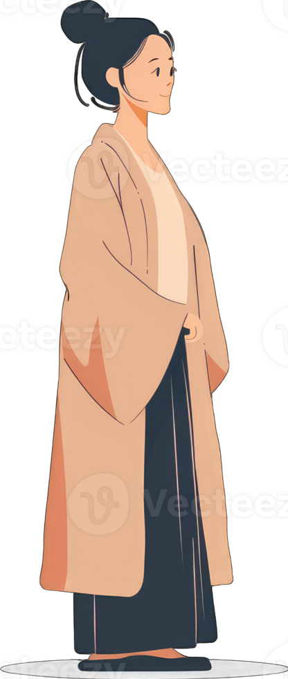 Woman in a long beige coat stands sideways png