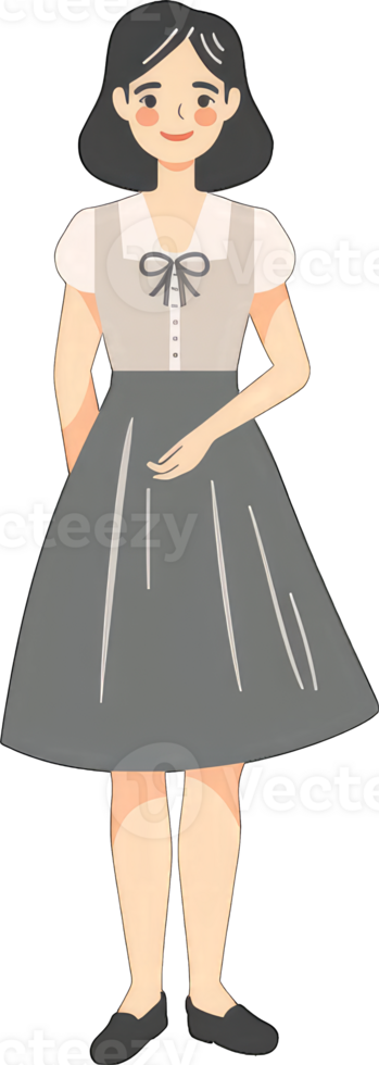 A young girl wearing a grey dress and white blouse png