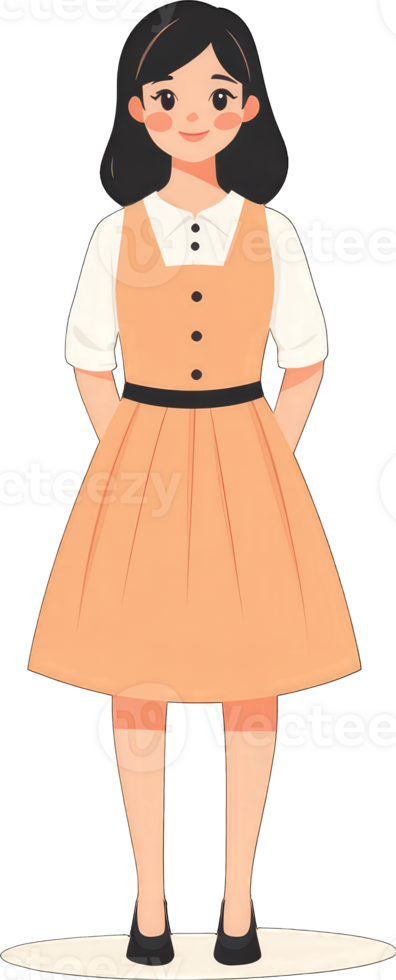 A young woman wearing a peach dress and white blouse png