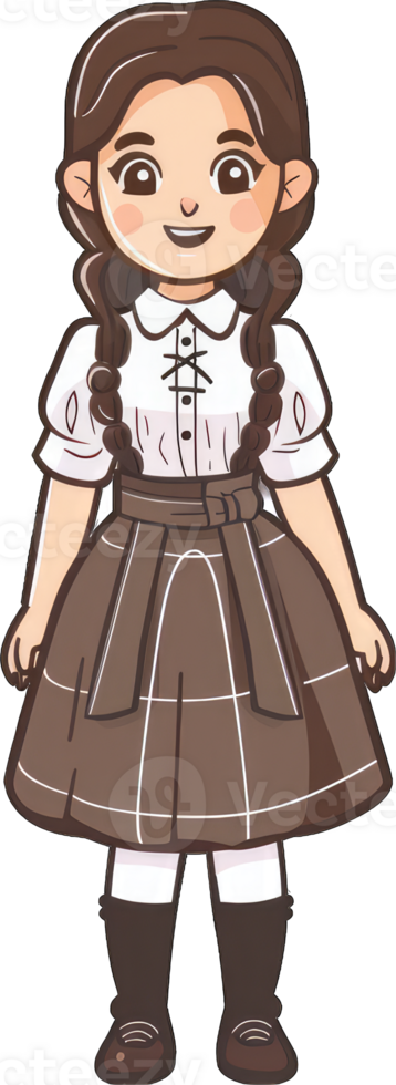 Adorable Cartoon Girl Wearing Brown Plaid Dress png