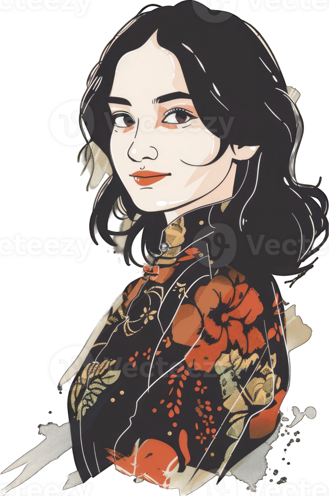 Elegant Woman in Floral Print Dress Posing Gracefully png