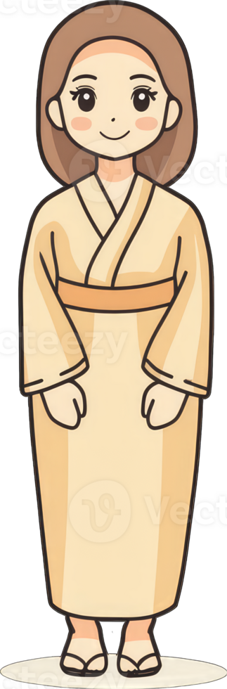 A young woman in a pale yellow kimono stands smiling png