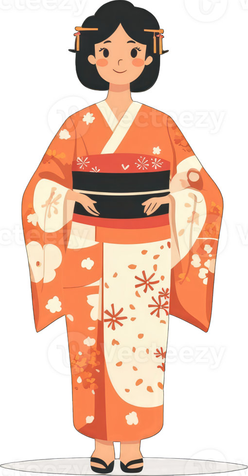 Young Woman Wearing a Traditional Orange Kimono png