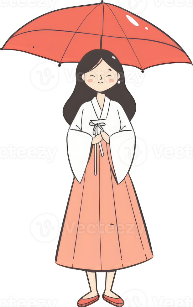 A young woman in traditional Korean attire stands under a red umbrella png