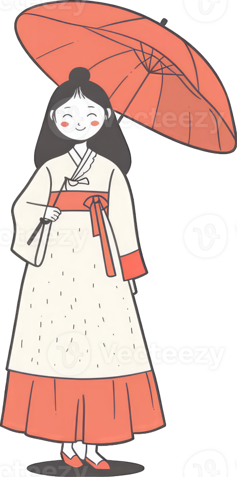A smiling girl in Hanbok holds an orange umbrella png