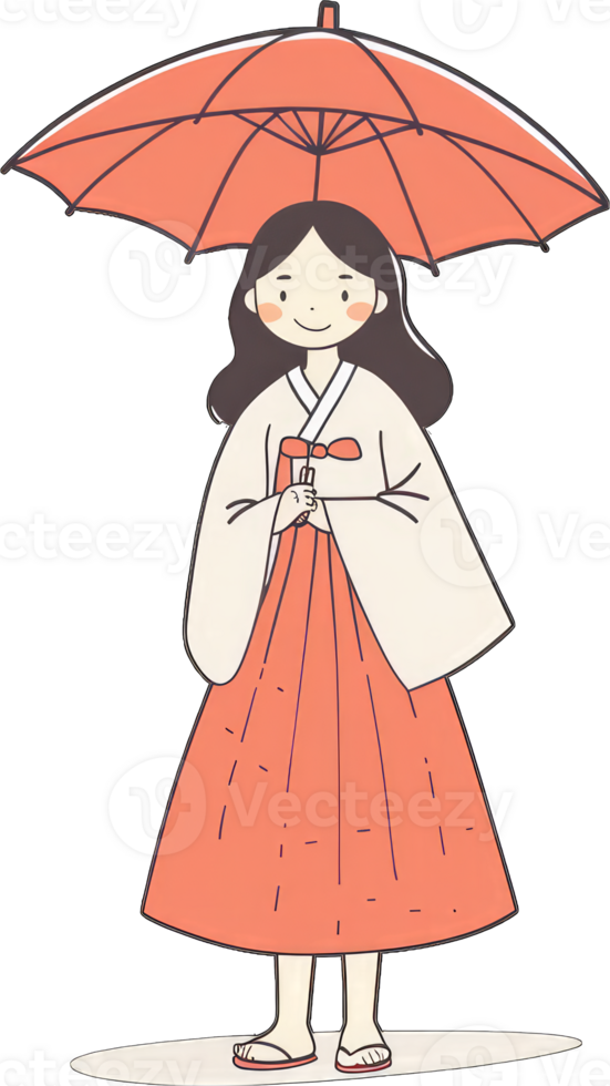 A Girl in a Kimono Holds an Umbrella png