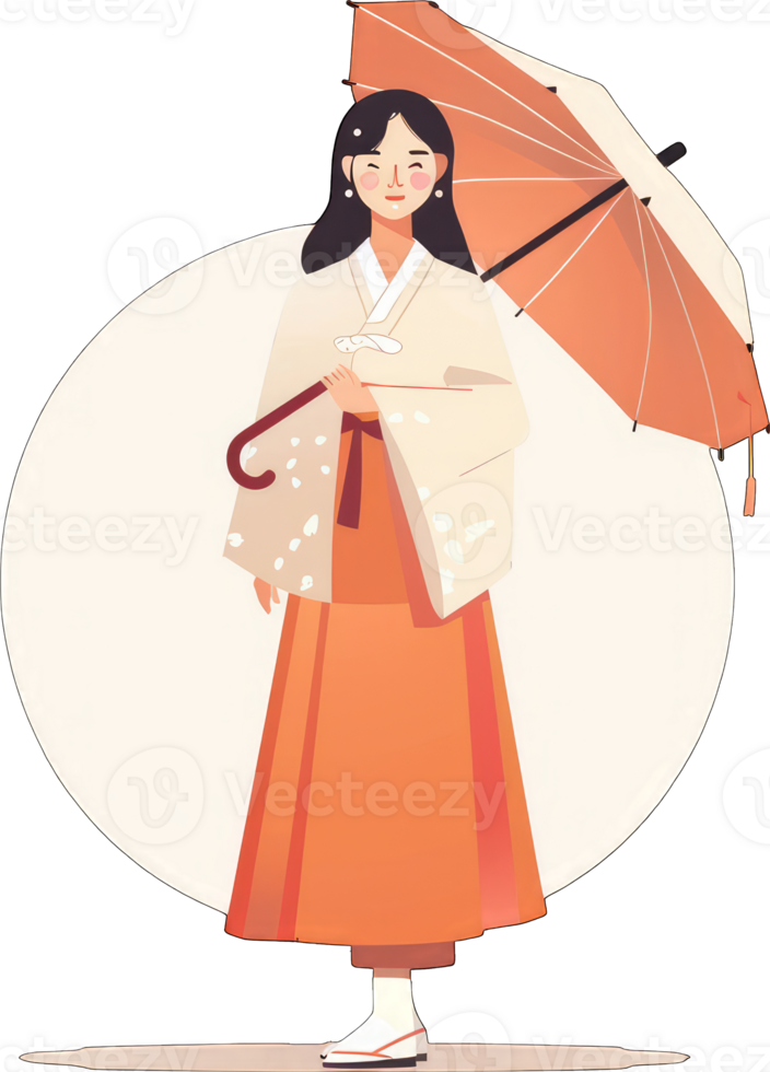 Woman in Traditional Kimono Holds an Orange Umbrella png