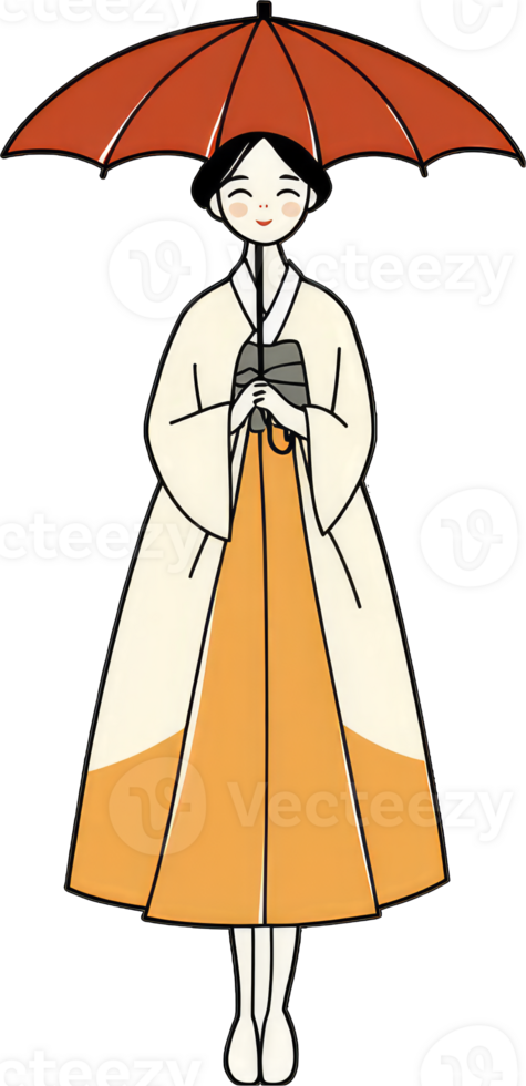 A young woman in a hanbok holds an umbrella png