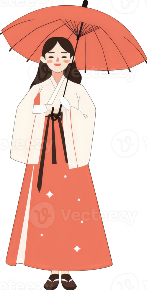 Young Woman in Hanbok Holds a Coral Umbrella png