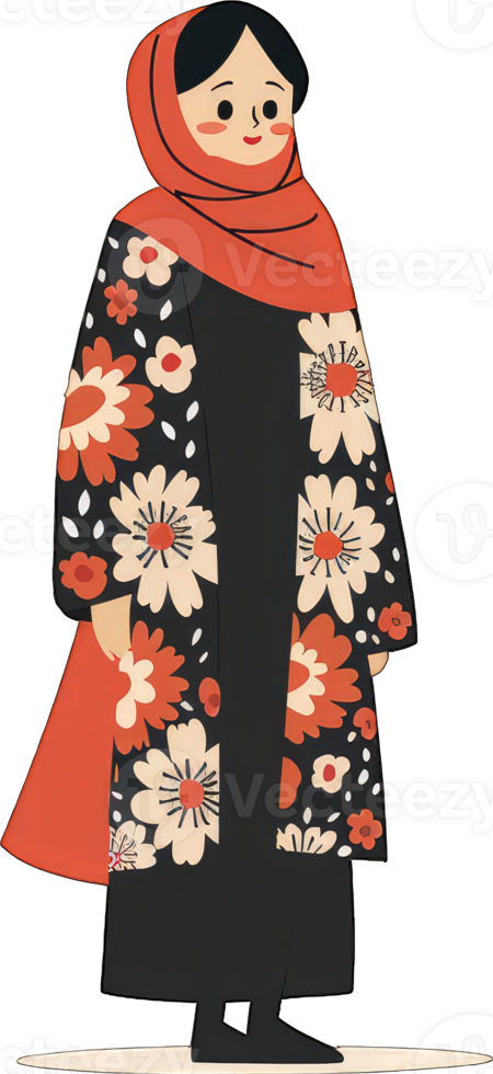Woman in Floral Coat and Red Headscarf png