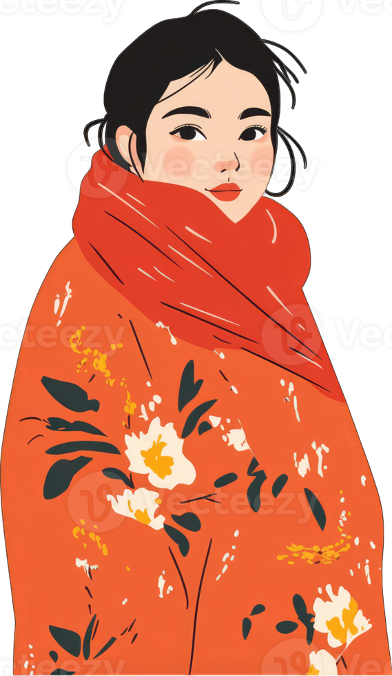 Woman in Orange Floral Coat and Scarf png