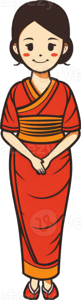 A young woman in a traditional red kimono stands politely png