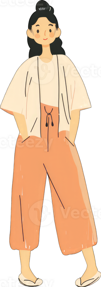 A stylish woman in peach pants and a cream jacket png
