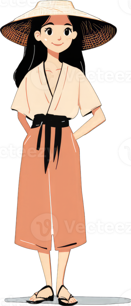 Asian Woman Wearing a Wide Brimmed Hat and Kimono Style Dress png