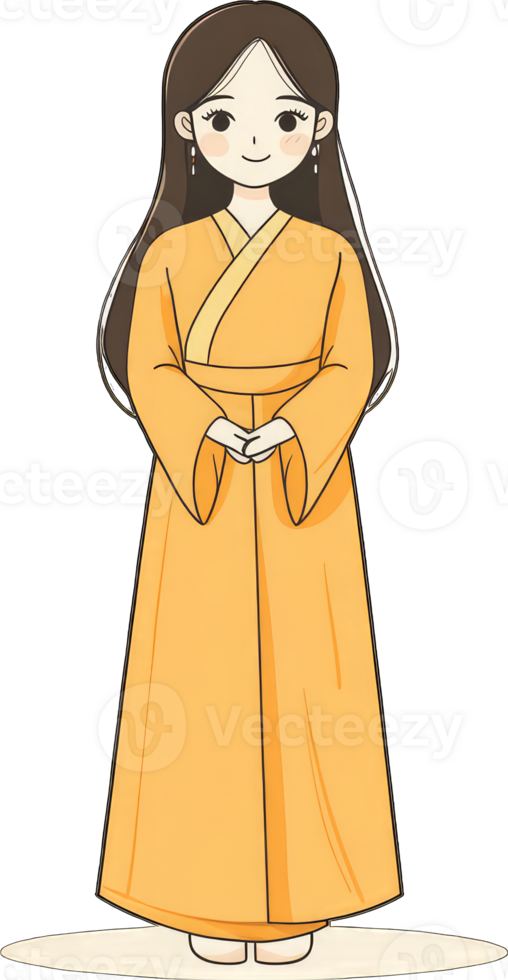 A young woman in traditional yellow Hanfu attire stands gracefully png