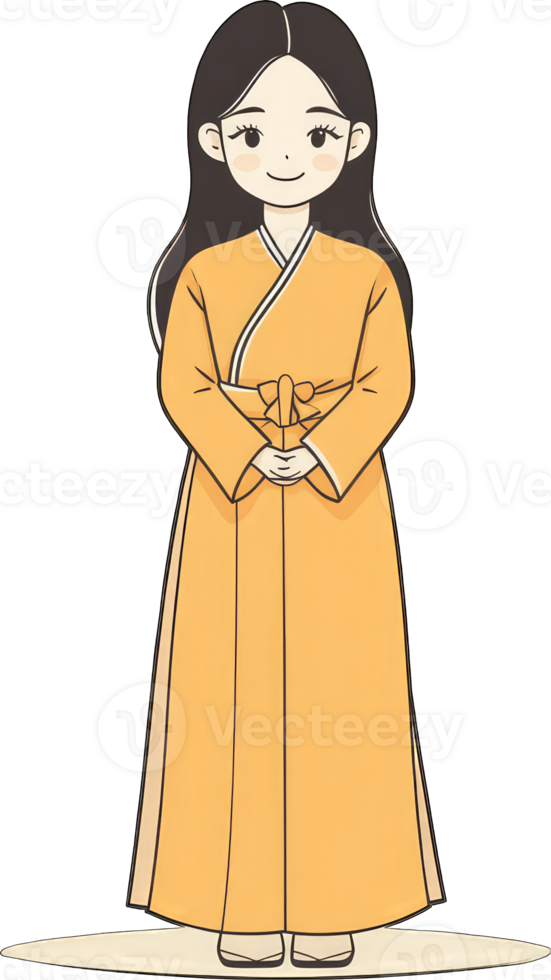A young woman in a traditional yellow hanbok dress png