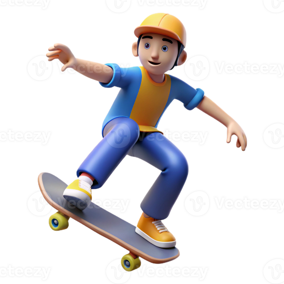 Dynamic skateboarder performing tricks in 3D png