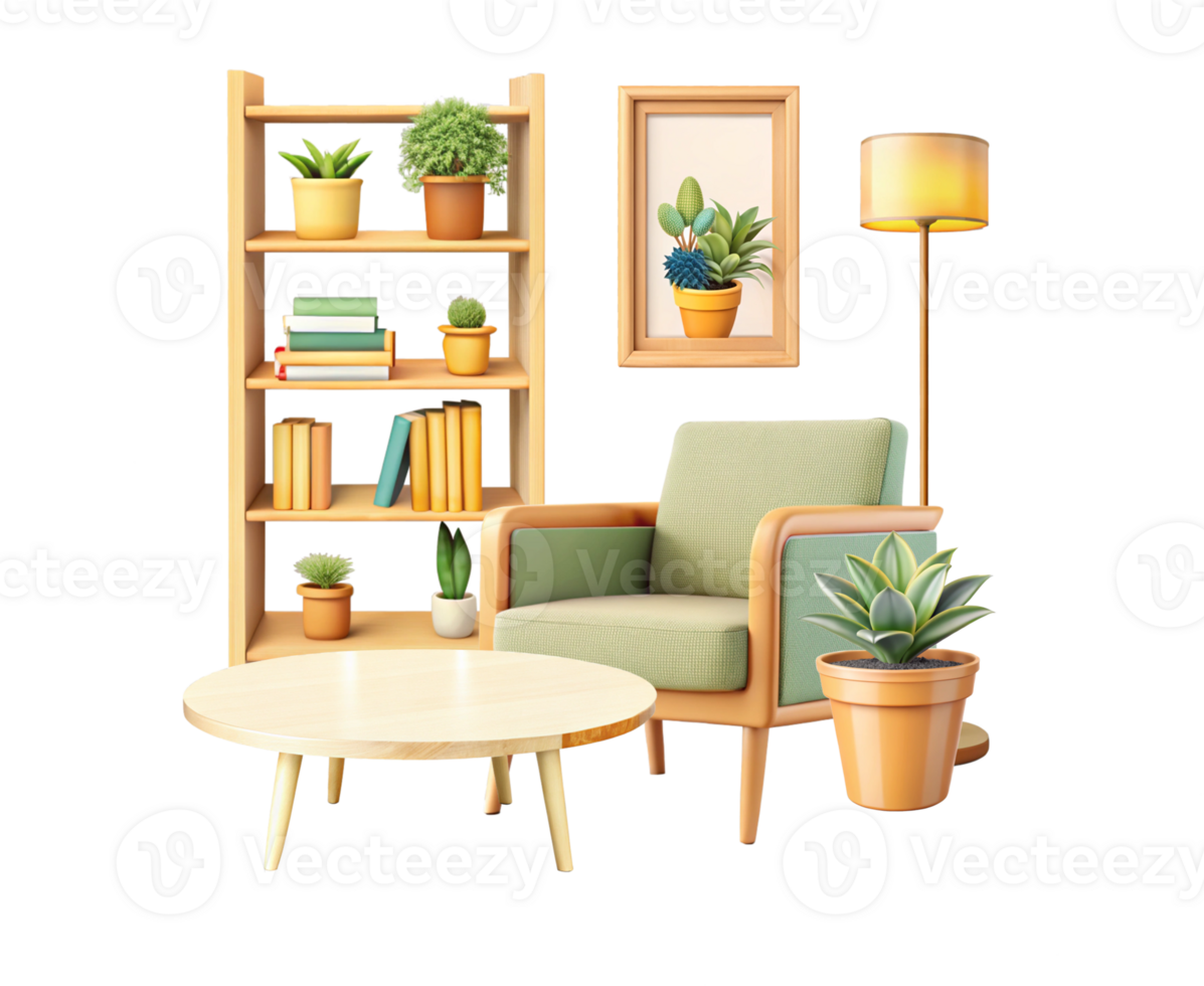 Elegant living room setup with plants and wooden furniture png