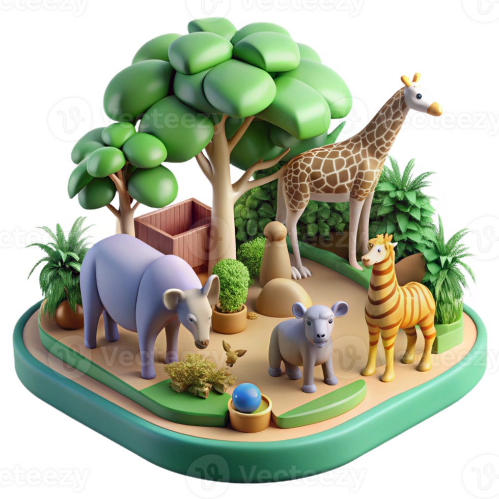 Lush zoo setup with animals and trees in 3D png