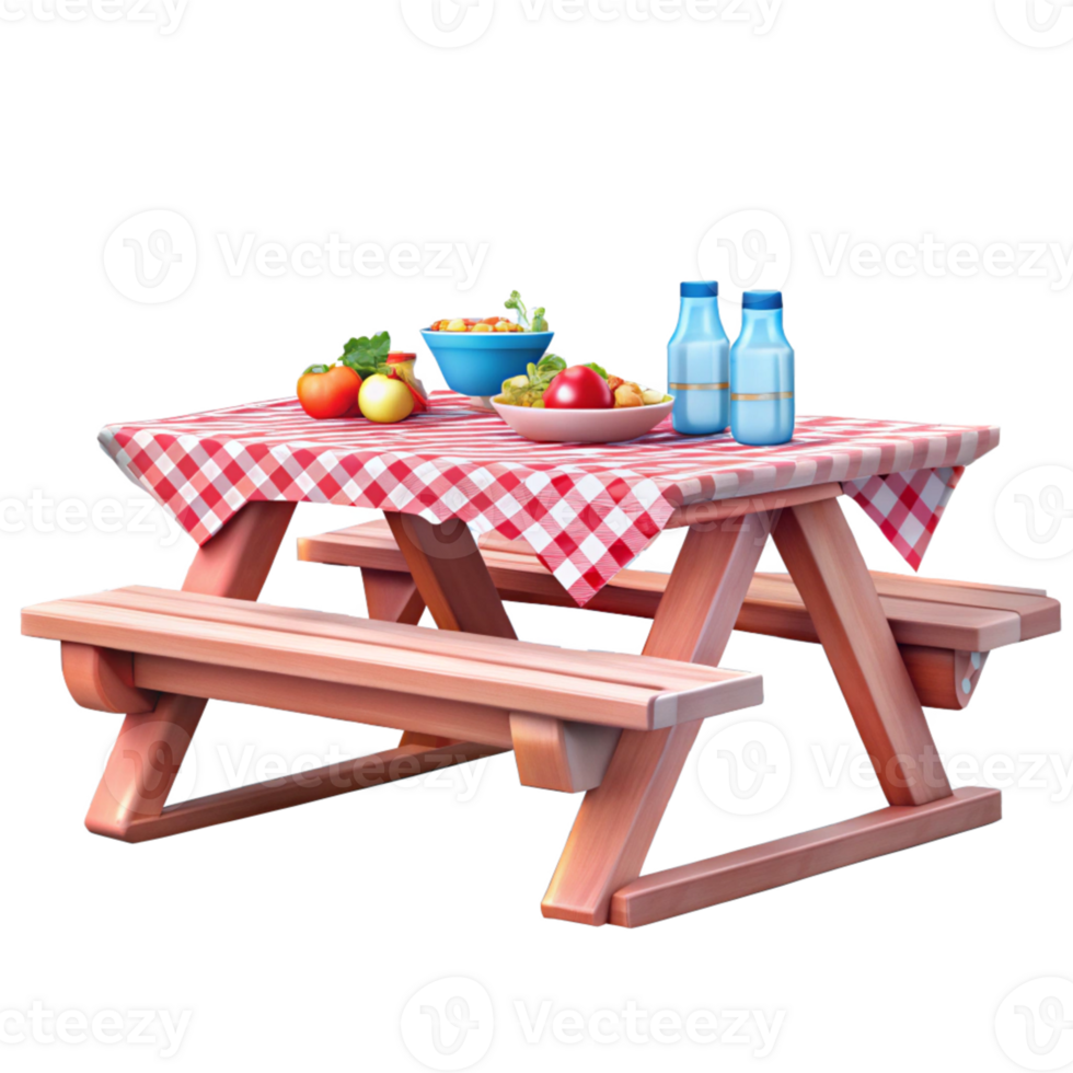 Outdoor picnic table with vibrant food setup png