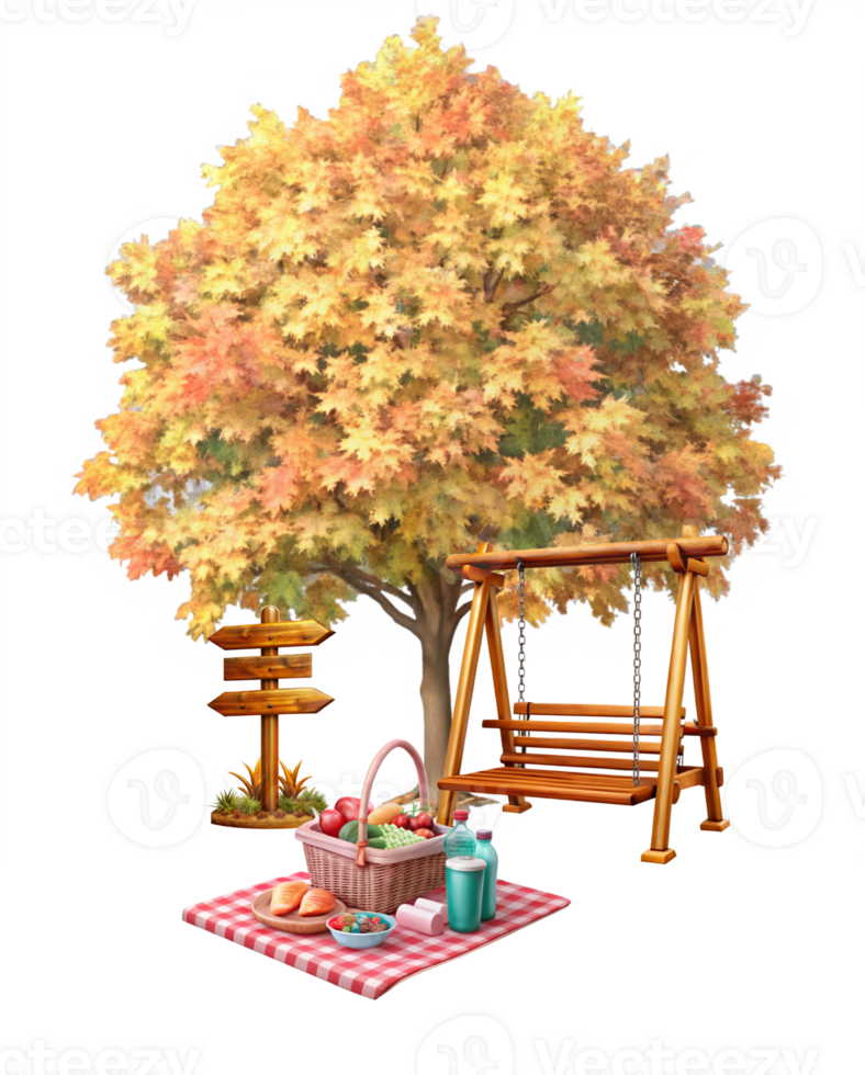 Vibrant autumn tree with picnic setup under its shade in 3D png