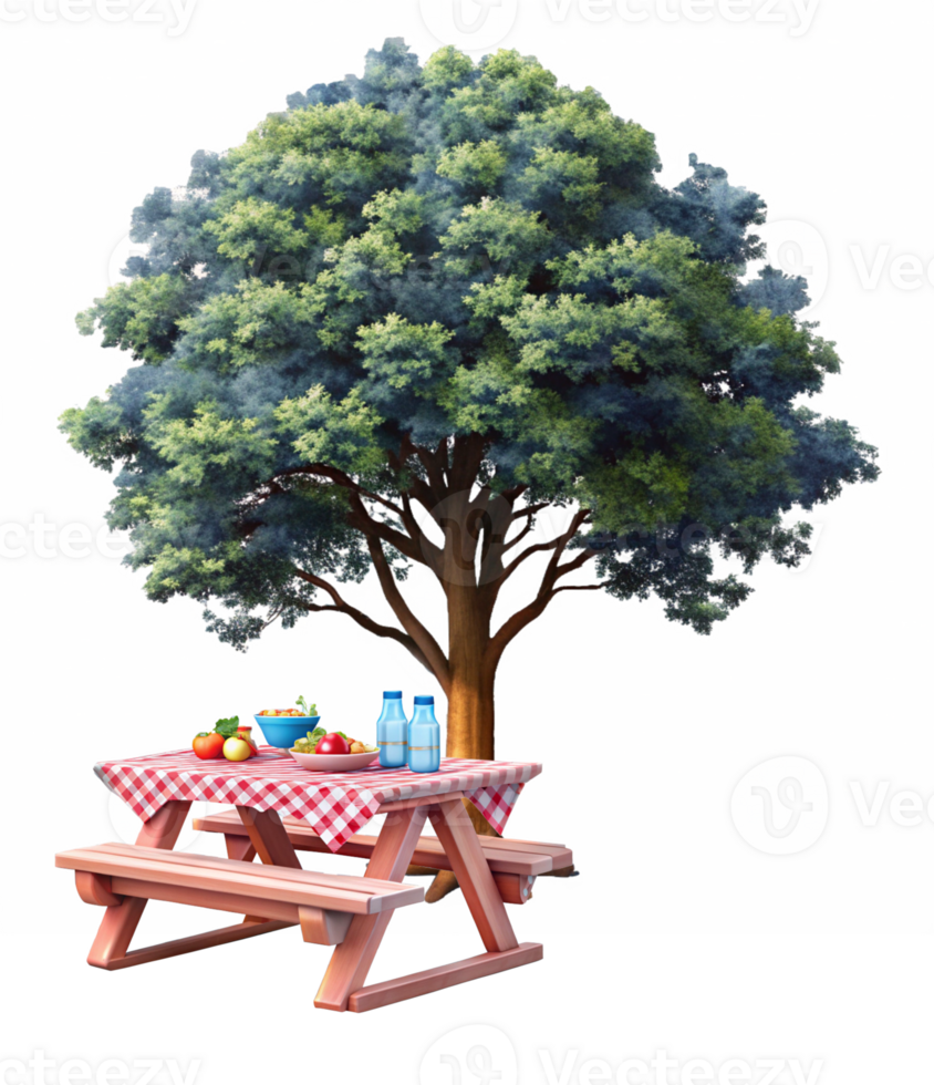 Scenic picnic table under a lush tree in 3D png